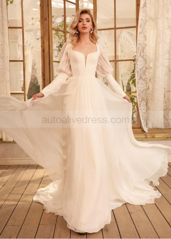 Long Sleeves Ivory Chiffon Corset Back Wedding Dress